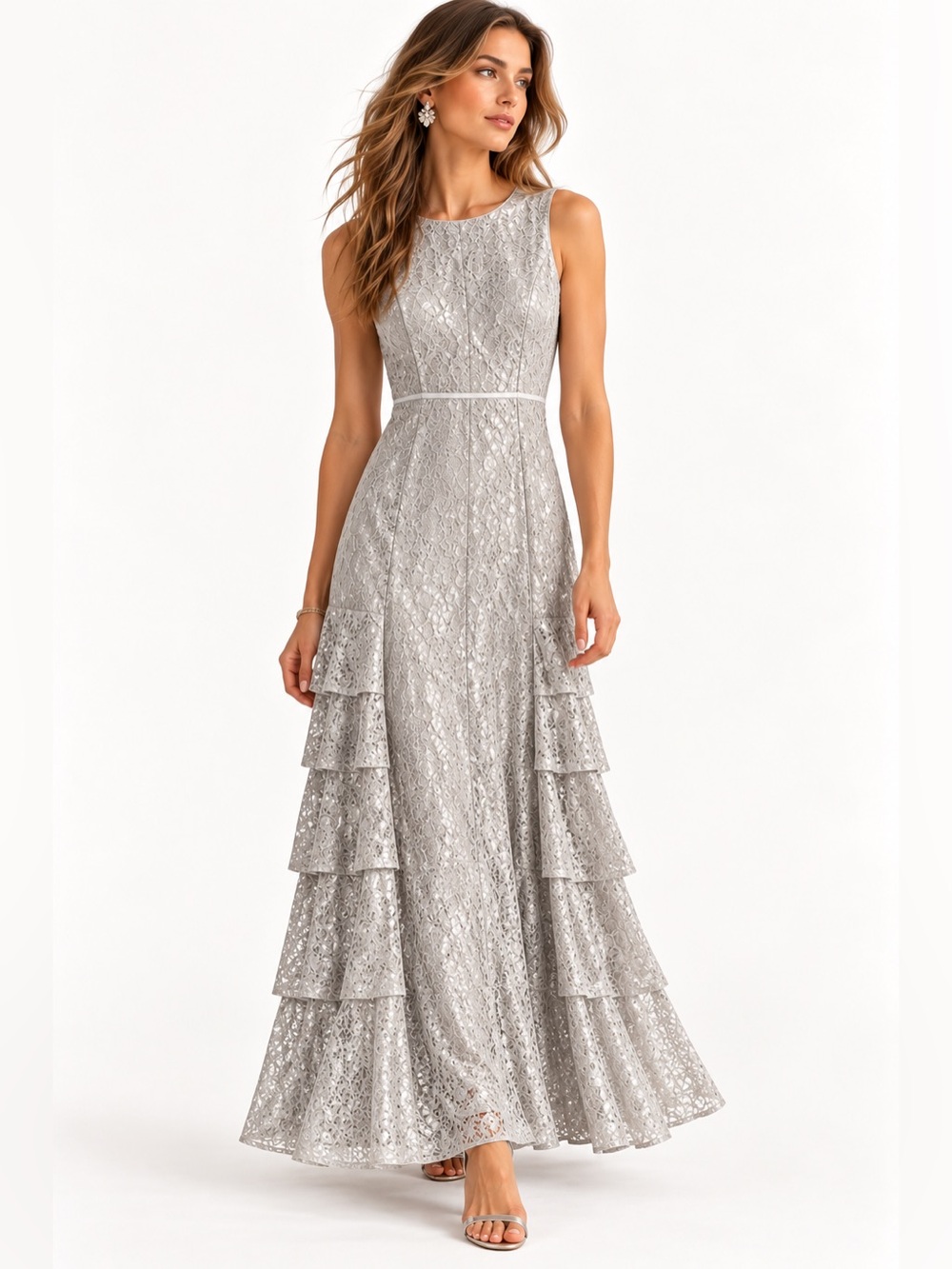 Lauren Ralph Lauren Silver Metallic Lace Maxi Gown 10 Tiered Ruffle Formal
